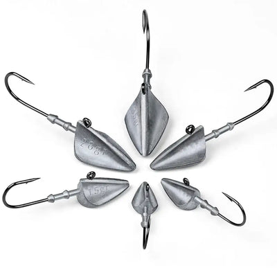 Assorted triangle jig head long hooks with silver heads and black curved barbed hooks