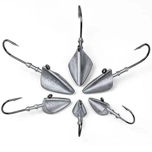 Assorted triangle jig head long hooks with silver heads and black curved barbed hooks