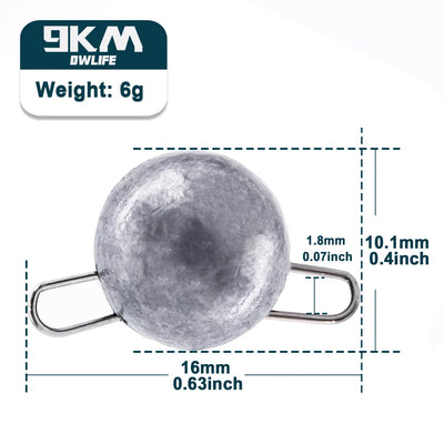 Gray round fishing sinker with free-swing hook clip, 6g weight, metal loop ends