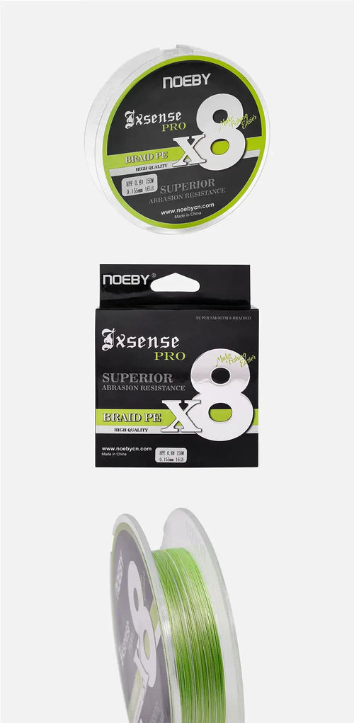 Noeby fluorescent green X8 braided line spool with package and hanging reel card