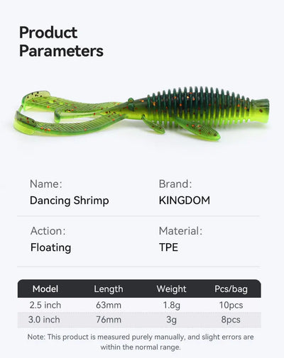 Green ribbed TPE dancing shrimp lure with flexible legs and shrimp-like tail