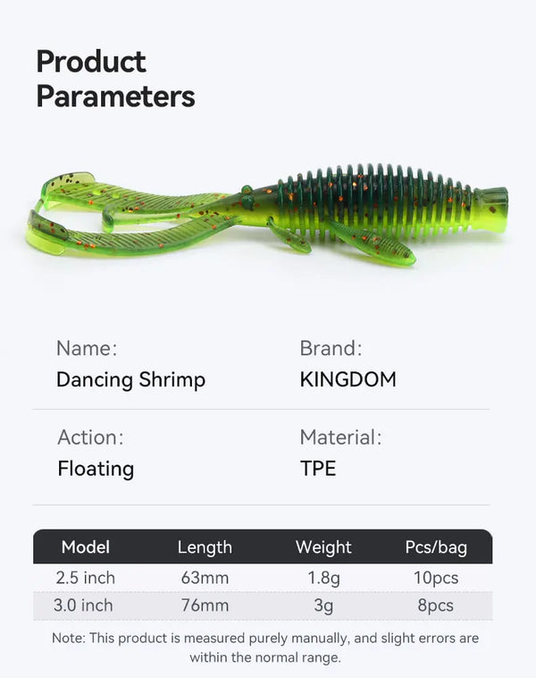 Green ribbed TPE dancing shrimp lure with flexible legs and shrimp-like tail