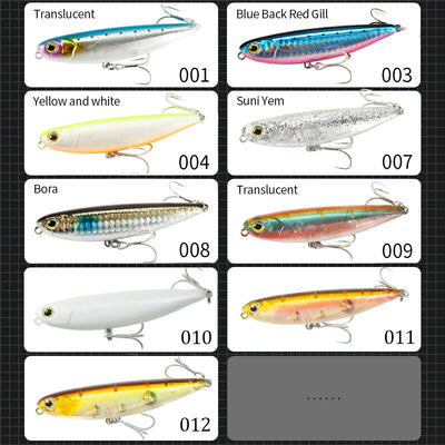 Assorted color pencil fishing lures on a chart card, each with treble hooks