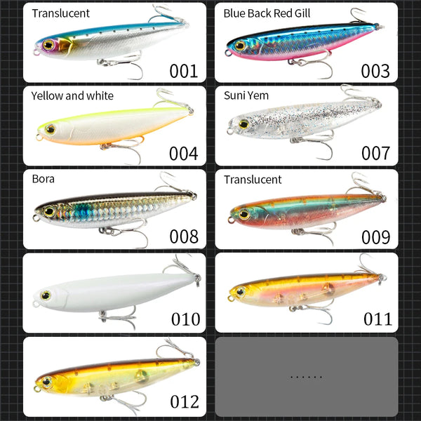 Assorted color pencil fishing lures on a chart card, each with treble hooks