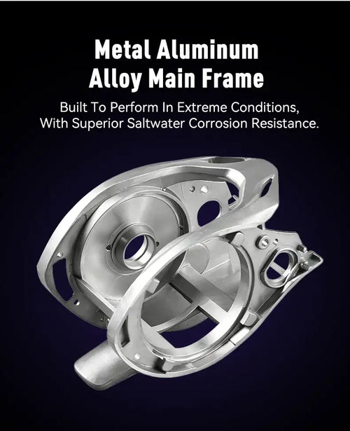 Metal aluminum alloy main frame for a baitcasting fishing reel, silver finish.