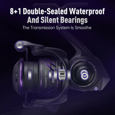 Spinning reel side view with purple accent bands and spool, handle extended