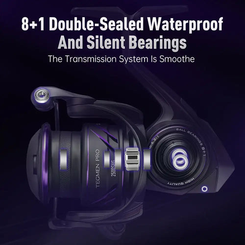 Spinning reel side view with purple accent bands and spool, handle extended