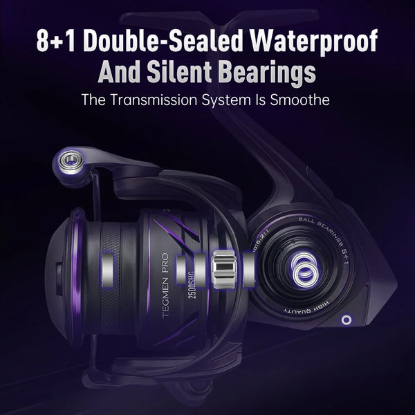 Spinning reel side view with purple accent bands and spool, handle extended