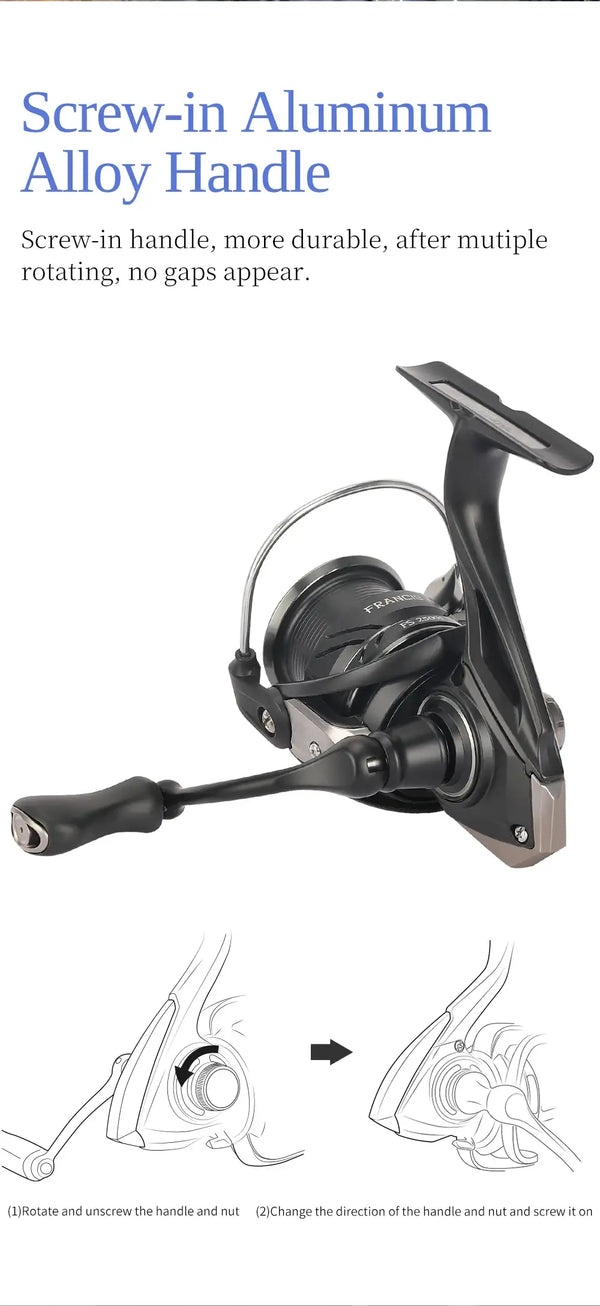 Spinning reel with screw-in aluminum alloy handle and black spool, side view