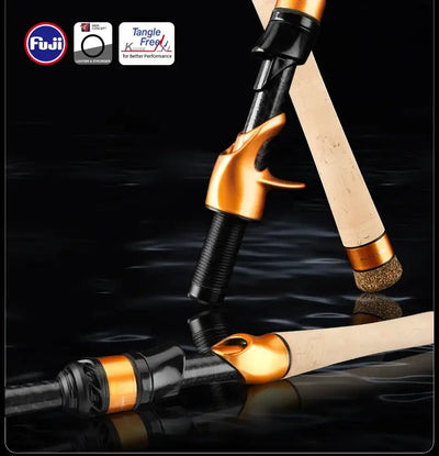 Telescopic fishing rod split cork handle with orange reel seat and black grip