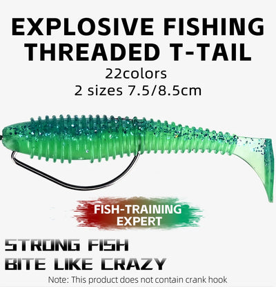 Green paddle-tail soft plastic lure with T-tail threaded ridged body and curled tail