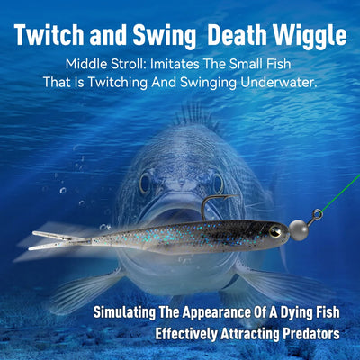 Micro lead head jig hook with swimbait, facing right for bait profile