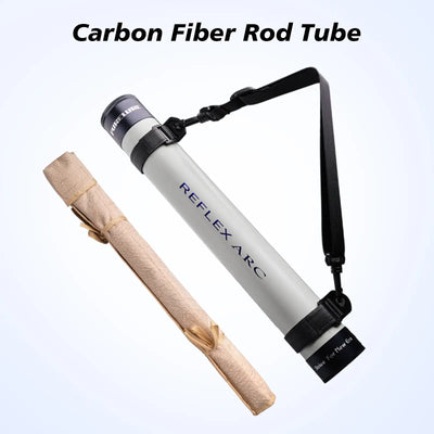 Carbon fiber rod tube case with shoulder strap holding silver rod sections