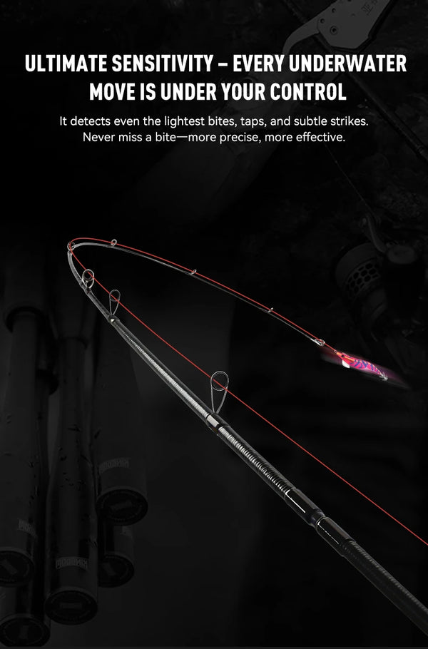 Black and purple squid jigging rod with red accents and multiple fishing guides