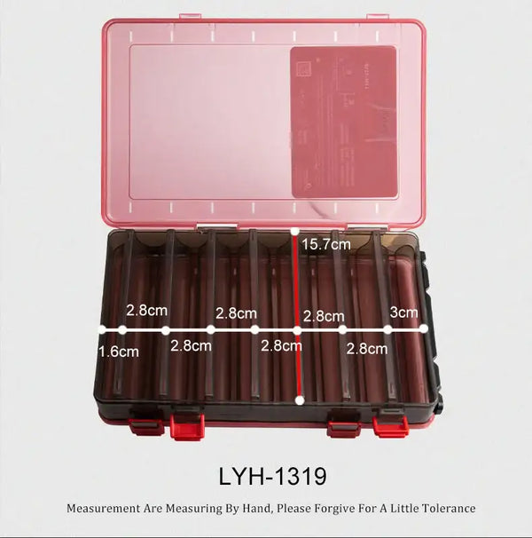 Red and dark plastic double-sided tackle box with 14-compartment grid and clear inner lid