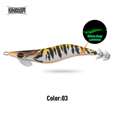 Squid jig lure color 03 with tan tiger stripes, glowing belly section and clear hooks