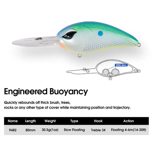 Light blue and white speckled minnow crankbait with clear lip and treble hooks