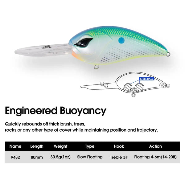 Light blue and white speckled minnow crankbait with clear lip and treble hooks