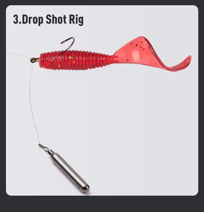 Soft plastic red paddle tail lure for drop shot rig with sinker and hook