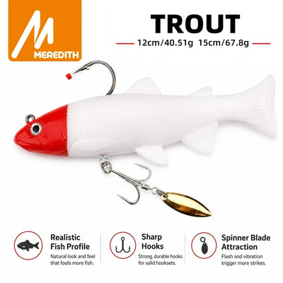 Spinning trout fishing lure with red head, white body, and gold spinner blade
