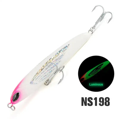 NOEBY pencil fishing lure NS198 white body with pink accents and treble hooks