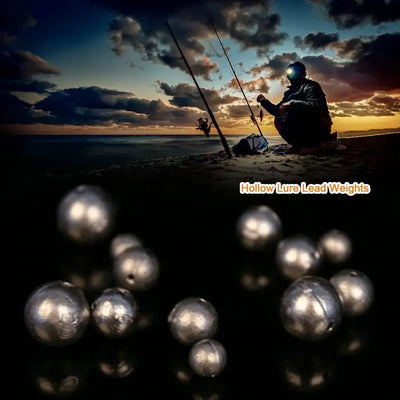 Hollow lure lead weights: dark gray round ball sinkers scattered in a group