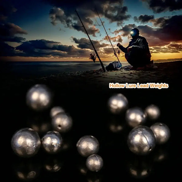 Hollow lure lead weights: dark gray round ball sinkers scattered in a group