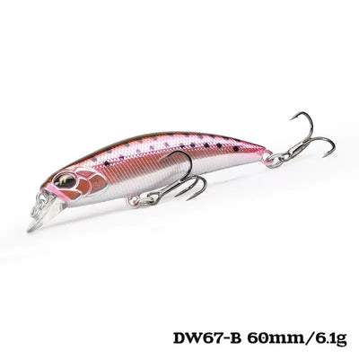 Mini sinking minnow crankbait, DW67-B, white with pink top and speckles, 60mm/6.1g, 2 treble hooks