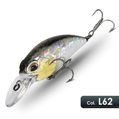 Crankbait lure with silver body, dark top, yellow tint, and treble hooks.
