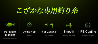 Feature icons for micro fishing line, showing use cases like diving and casting.