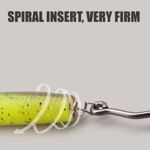 Weighted worm hook with screw-style spiral insert, close-up of hook and weight