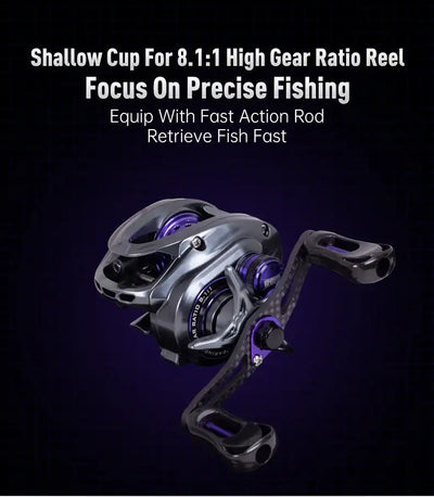 High-gear shallow cup baitcasting reel with purple line cup and compact frame