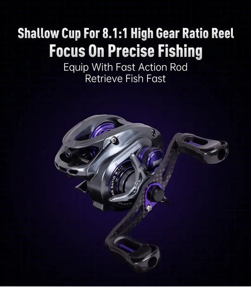 High-gear shallow cup baitcasting reel with purple line cup and compact frame