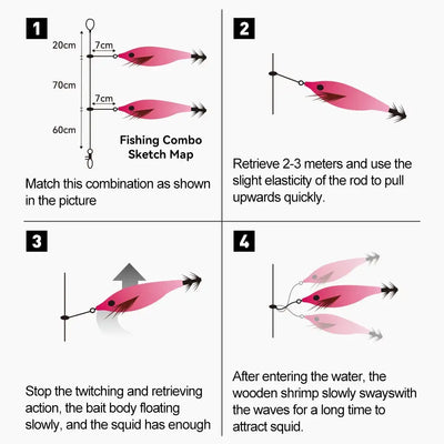 Pink squid jig lure with slender body and small barbed tentacle hooks, 2-pack setup