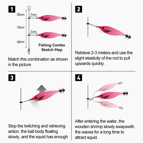 Pink squid jig lure with slender body and small barbed tentacle hooks, 2-pack setup