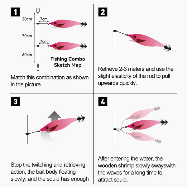 Pink squid jig lure with slender body and small barbed tentacle hooks, 2-pack setup