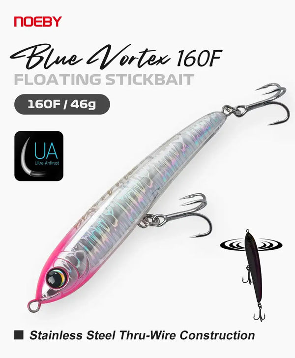 Blue Vortex 160F floating stickbait with iridescent finish and stainless through-wire hooks