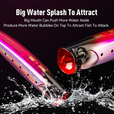 Floating popper fishing lure, pink-purple and silver body, red front cup, splash water, two hooks