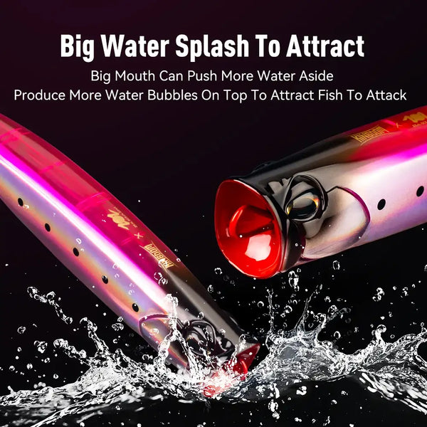 Floating popper fishing lure, pink-purple and silver body, red front cup, splash water, two hooks