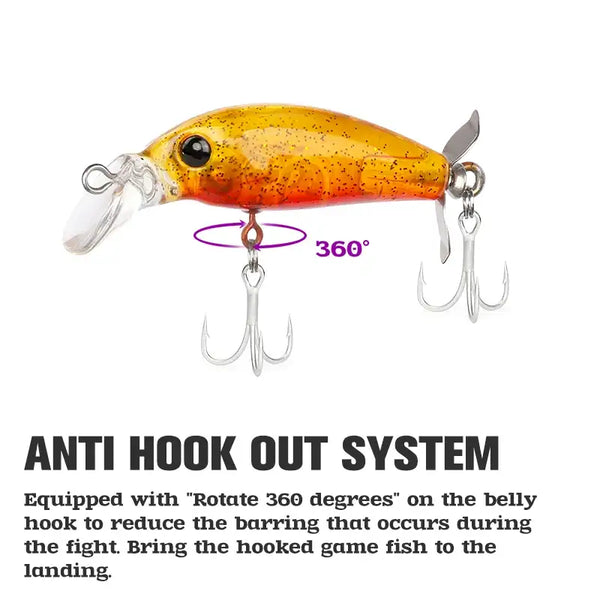 Sinking minnow lure in orange and yellow speckled finish with treble hooks