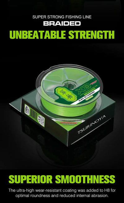 Green X8 braided fishing line spool with Tsurinoya box on stand