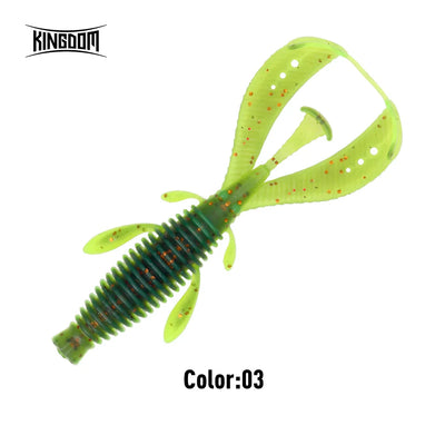 Soft shrimp fishing lure in bright chartreuse with red specks and white dots, worm-style
