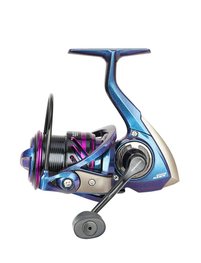 Spinning fishing reel angled side view with purple accents and black line roller