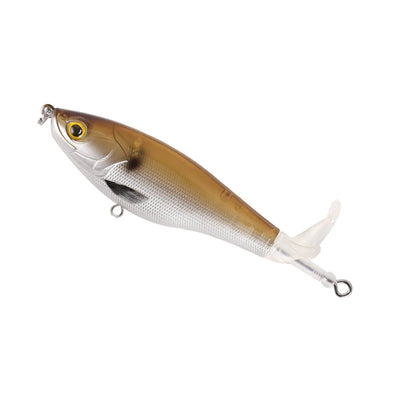 Floating topwater fishing lure, brown and silver, rotating tail, treble hooks
