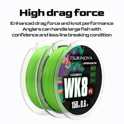 Pack of neon green WK8 PE braided fishing line, multiple line spools shown