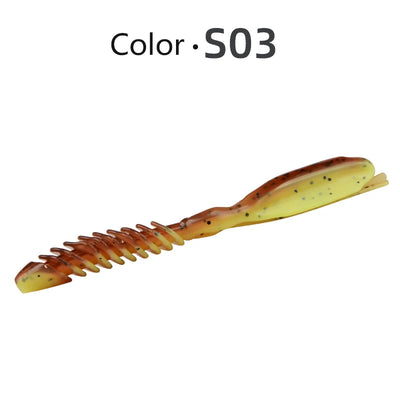 Silicone worm soft fishing lure, yellow with brown back and speckled body, twin tail
