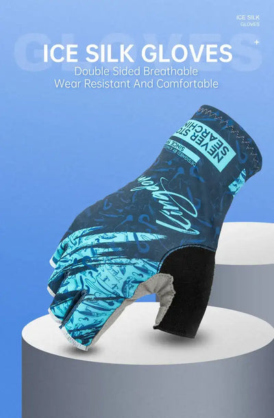 Blue half-finger ice silk fishing gloves on display, cuff and palm detail