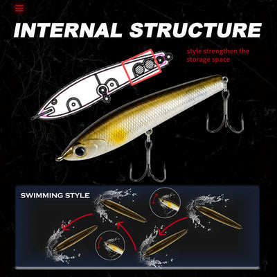 Topwater pencil lure with yellow-green body, round eye, and two treble hooks