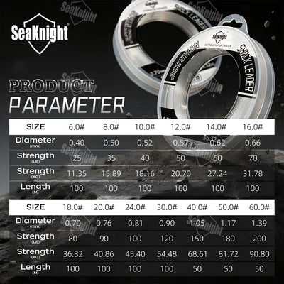 SeaKnight NT40 nylon fishing leader line spool with product parameter and size chart