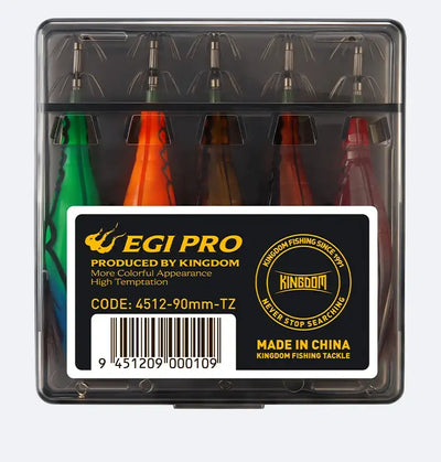 KINGDOM EGI PRO luminous squid jig 5-pack in clear plastic bait box